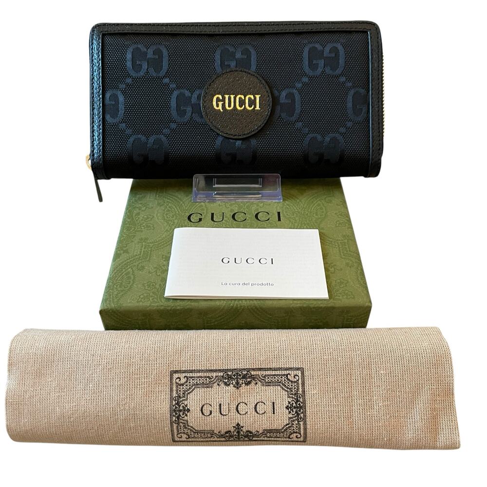 GUCCI Off The Grid Zip Around Long Wallet GG Logo Nylon Leather Black Gold New
